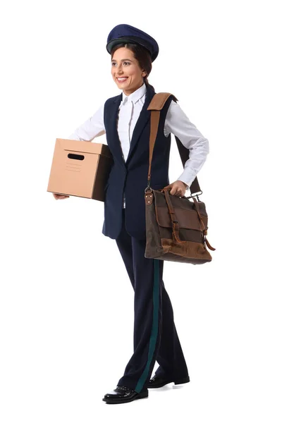 Young Postwoman Bag Box White Background — 스톡 사진