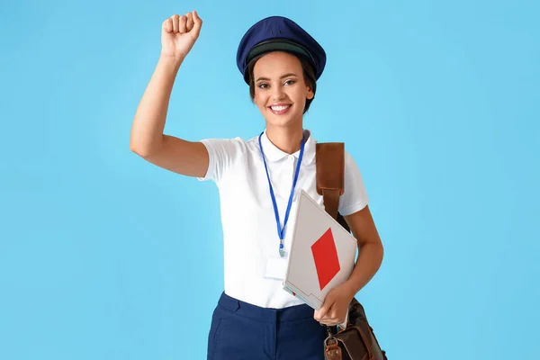 Young Postwoman Envelopes Blue Background — Stockfoto