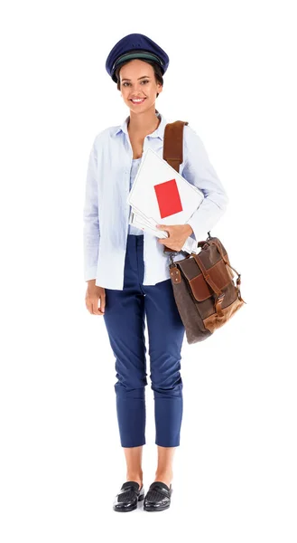 Young Postwoman Envelopes White Background — Fotografia de Stock