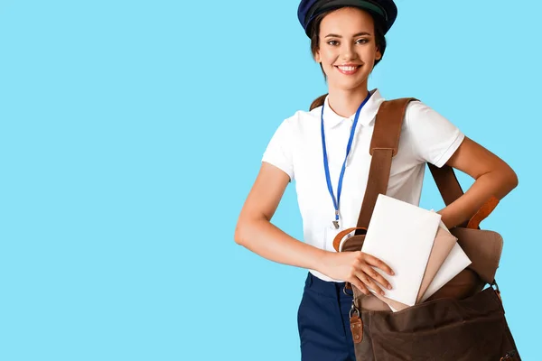 Young Postwoman Letters Bag Blue Background — Fotografia de Stock