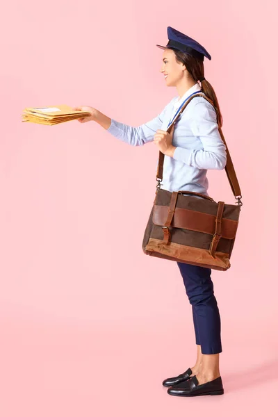 Young Postwoman Letters Bag Pink Background — Fotografia de Stock