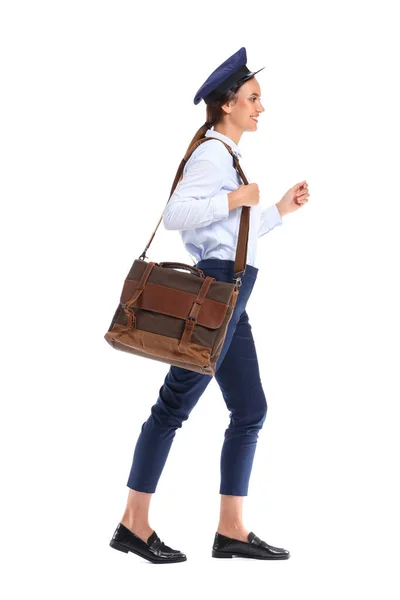 Young Postwoman Bag White Background — Fotografia de Stock