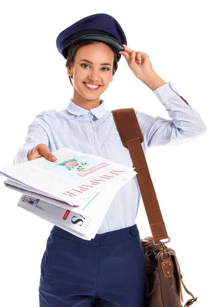 Young Postwoman Newspapers White Background — Fotografia de Stock