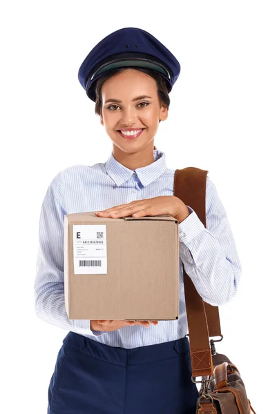 Young Postwoman Parcel White Background — Stok fotoğraf