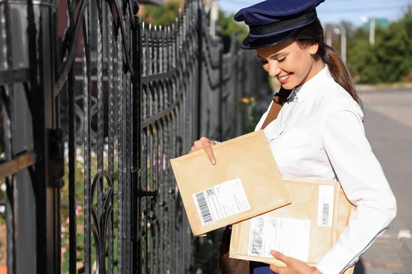 Beautiful Postwoman Letters Outdoors — Stock Photo, Image