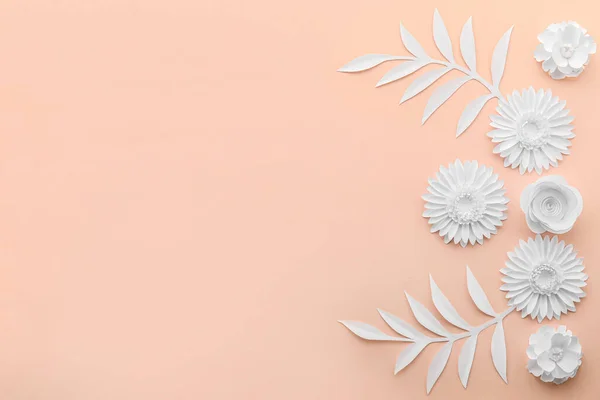 Composition Different Origami Flowers Leaves Pink Background — 图库照片