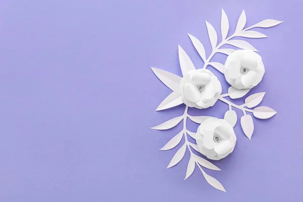 Composition Beautiful Origami Flowers Leaves Violet Background — 스톡 사진