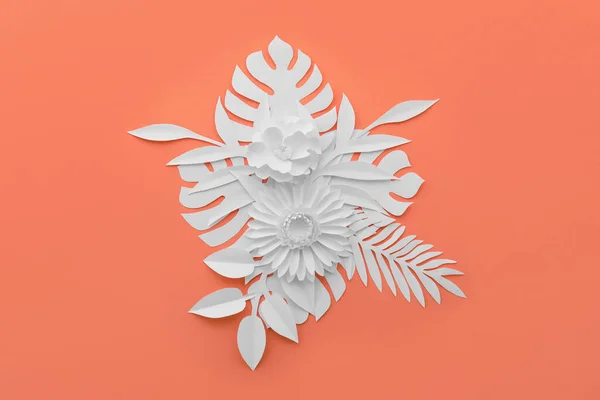 Paper Flowers Leaves Red Background — Stockfoto