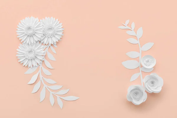 Frame Made Paper Flowers Leaves Pink Background — 图库照片