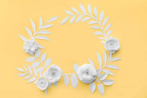 Frame Made Paper Flowers Leaves Yellow Background — Photo