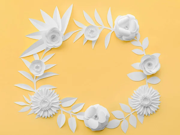 Frame Made Paper Flowers Leaves Yellow Background — 스톡 사진