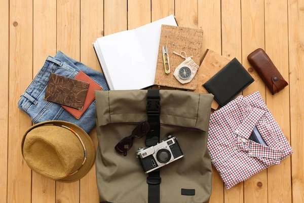 Accessories Travelling Bag Wooden Background — Φωτογραφία Αρχείου