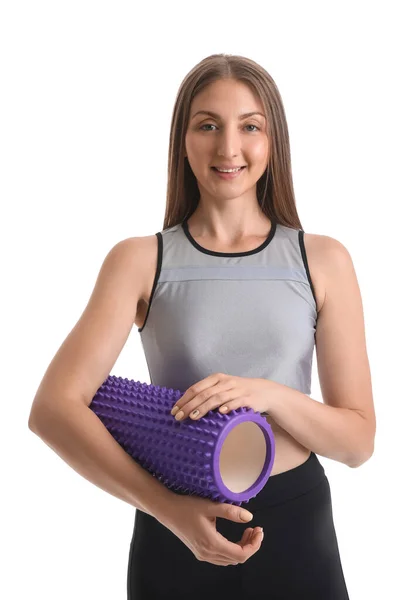 Young Woman Foam Roller White Background — Φωτογραφία Αρχείου