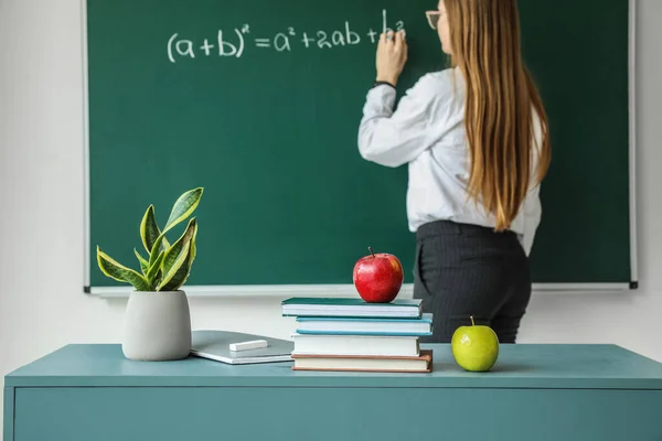 Apples School Books Houseplant Table Chalkboard — стоковое фото