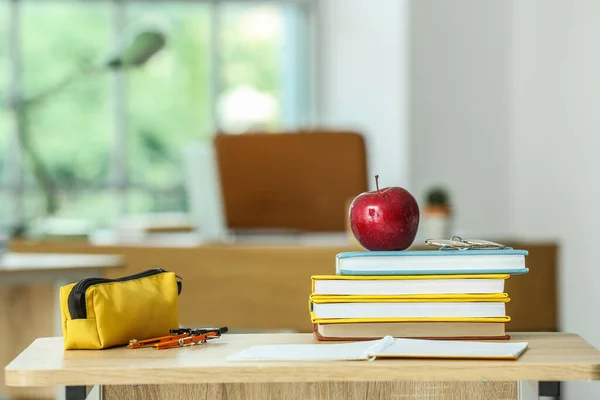 Apple School Books Eyeglasses Pencil Case Table Classroom — Stock Photo, Image