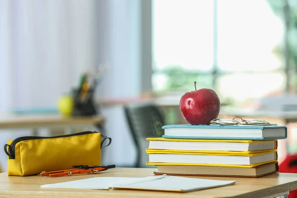 Apple School Books Eyeglasses Pencil Case Table Classroom — 스톡 사진