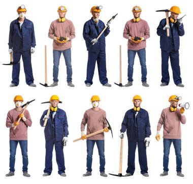 Set of miner men on white background