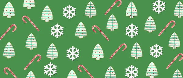 Many Christmas Cookies Candy Canes Snowflakes Green Background Pattern Design — Stock fotografie