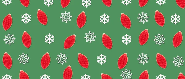 Many Christmas Cookies Snowflakes Green Background Pattern Design — Stock fotografie