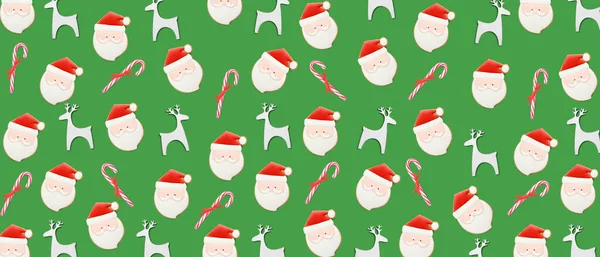 Many Christmas Cookies Candy Canes Deer Green Background Pattern Design — Stock Photo, Image