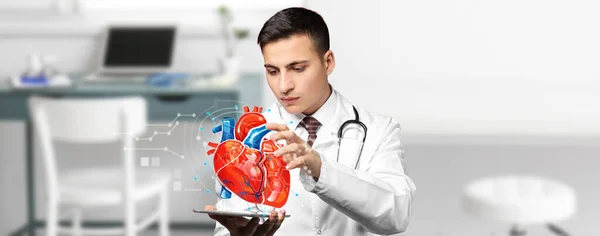 Male cardiologist using digital twin technology in clinic