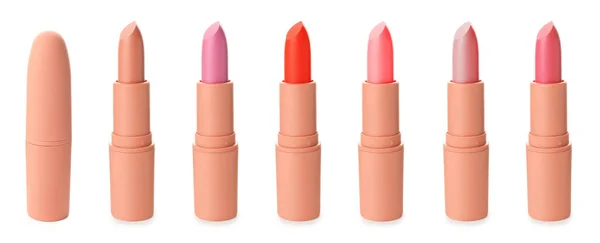 Set Beautiful Lipsticks White Background — Stock Photo, Image