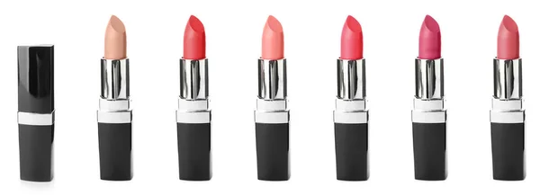 Set Beautiful Lipsticks White Background — стоковое фото