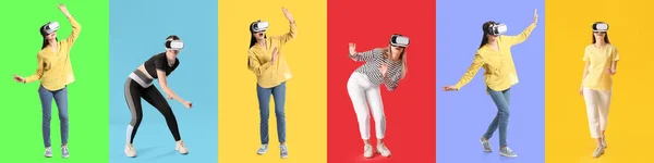 Set Young Women Virtual Reality Glasses Color Background — Φωτογραφία Αρχείου