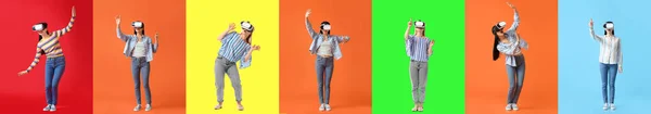 Set Young Woman Virtual Reality Glasses Color Background — стоковое фото