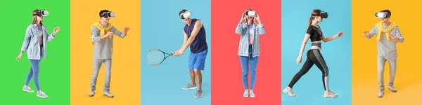 Set Young People Virtual Reality Glasses Color Background — Stock Photo, Image