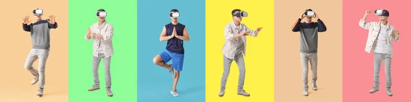 Set Young Man Virtual Reality Glasses Color Background — Zdjęcie stockowe