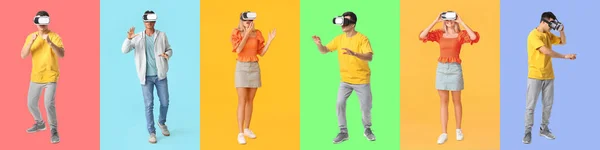 Set Von Jungen Menschen Mit Virtual Reality Brille Auf Farbigem — Stockfoto