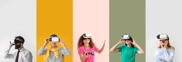 Set of people with virtual reality glasses on color background