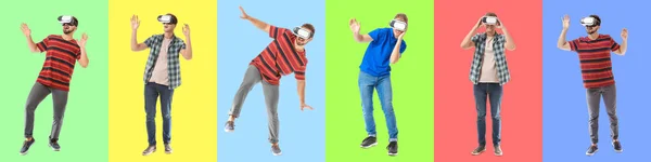 Set Young Men Virtual Reality Glasses Color Background — Fotografia de Stock