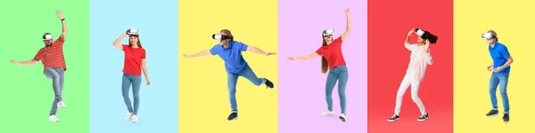 Set Young People Virtual Reality Glasses Color Background — Stock Photo, Image