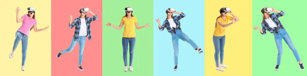 Set Young Woman Virtual Reality Glasses Color Background — Φωτογραφία Αρχείου