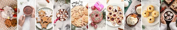 Set Delicious Christmas Desserts Cacao Drinks Top View — ストック写真