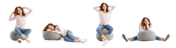 Set Young Woman Comfortable Pouf White Background — Fotografia de Stock