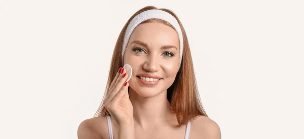 Beautiful Redhead Woman Makeup Sponge White Background — стоковое фото