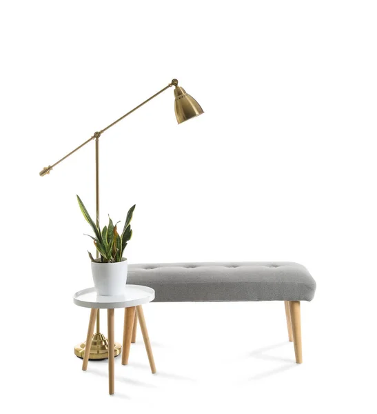 Tisch Mit Zimmerpflanze Weicher Bank Und Lampe Auf Weißem Hintergrund — Stockfoto