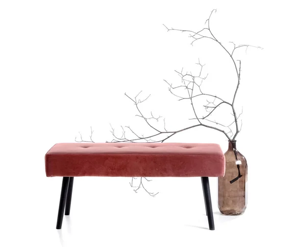 Pink Bench Vase Tree Branches White Background — Photo