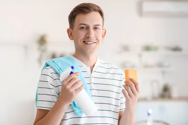 Young Man Detergent Cleaning Sponge Kitchen — Stock Fotó