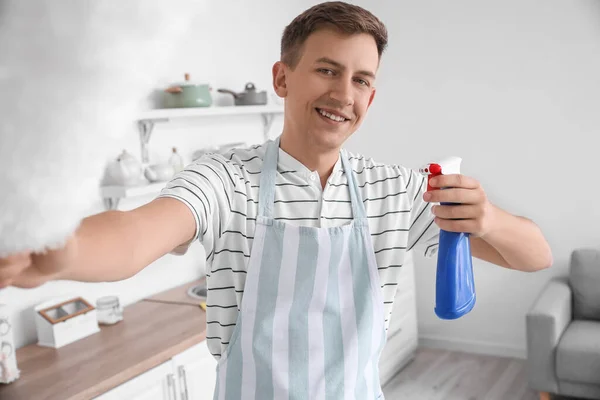Young Man Detergent Dust Brush Kitchen — Stock Photo, Image