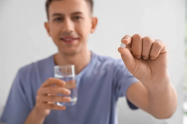 Young Man Vitamin Supplement Glass Water Home Closeup — Stock Photo, Image