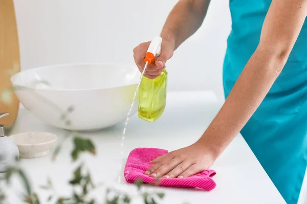 Young Man Cleaning Table Rag Bathroom Closeup — Stock Photo, Image