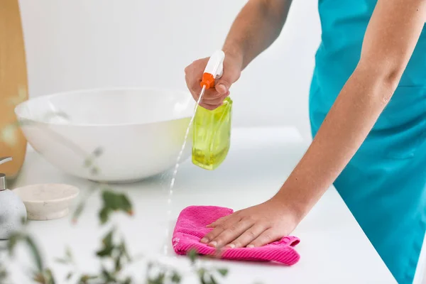 Young Man Cleaning Table Rag Bathroom Closeup — 图库照片