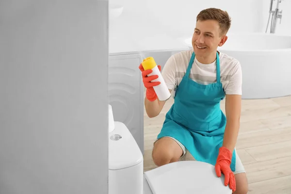 Young Man Air Freshener Lavatory — Stock Photo, Image