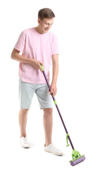 Young Man Mopping Floor White Background — Fotografia de Stock