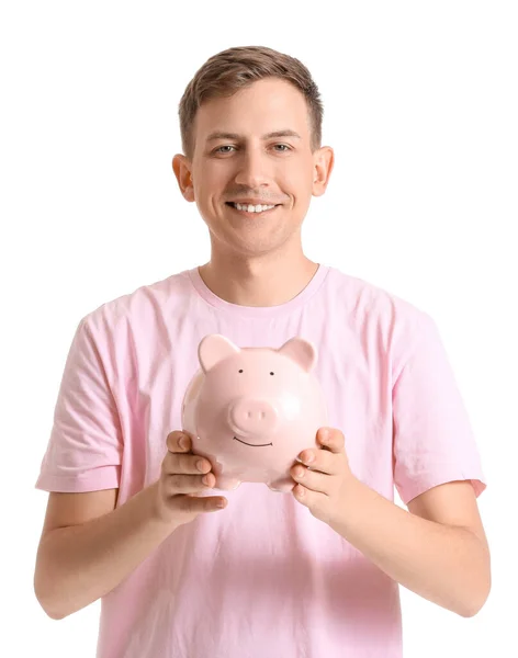Young Man Pink Piggy Bank White Background — 图库照片