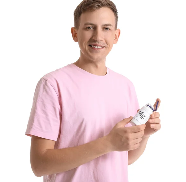 Young Man Bottle Magnesium White Background —  Fotos de Stock